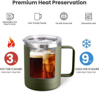MEWAY 12oz Coffee Mug With Handle and Sliding Lid,Stainless Steel Travel Tumbler Cup with Handle,Double Wall Vacuum Insulated Camping Cup for Hot & Cold Drinks Tea (Black,Set of 1