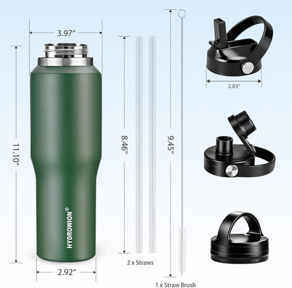 HYDROWION 32oz Stainless Steel Water Bottle(Cold for 48 Hrs, Hot for 24 Hrs),Double Wall Vacuum Insulated Water Bottle with Straw Lid, Spout Lid and Flex Cap, Fit in Any Car Cup Holder,Black