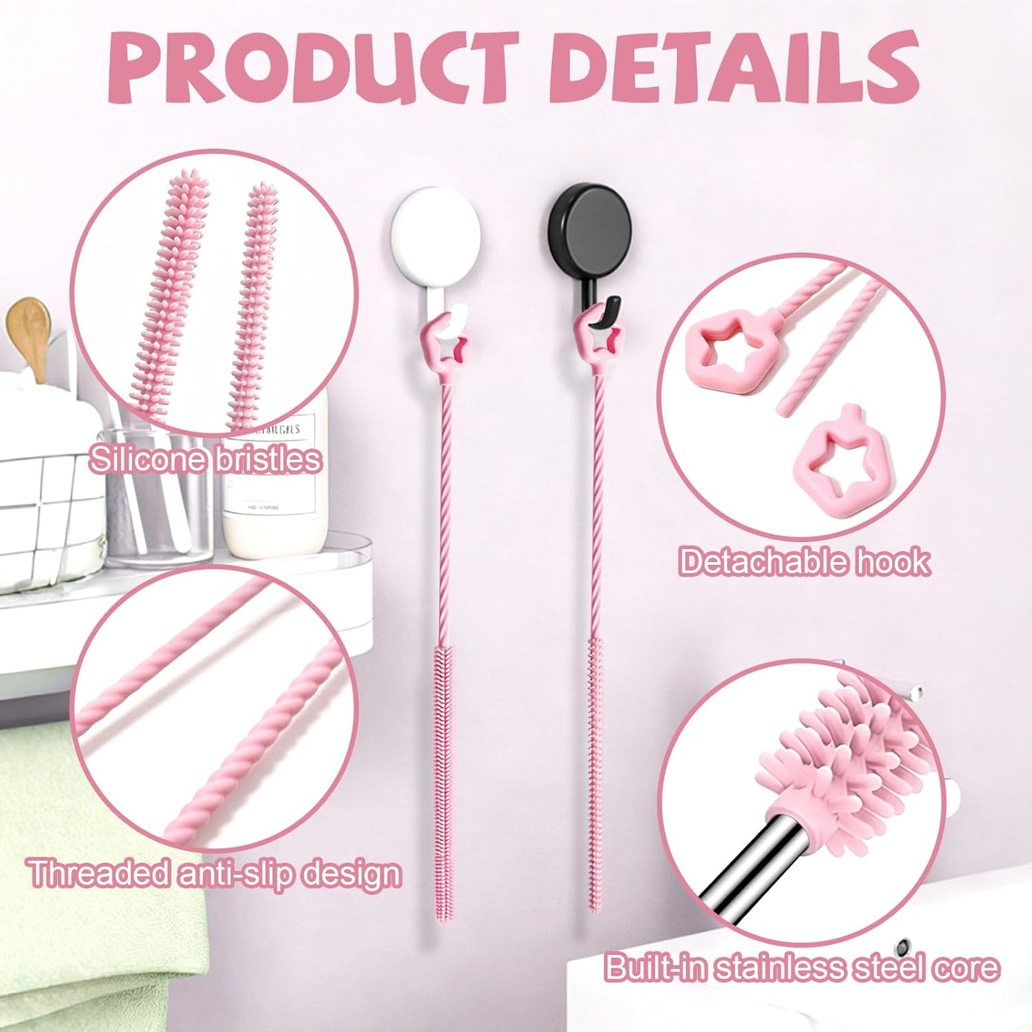 AONEZ Straw Cleaner Brushes Set of 4 - Silicone Straw Cleaner Brush - Straw Brush with Non-Slip Handle in Extra-Long Straw Brush for Metal, Glass, Plastic Reusable Drinking Straws