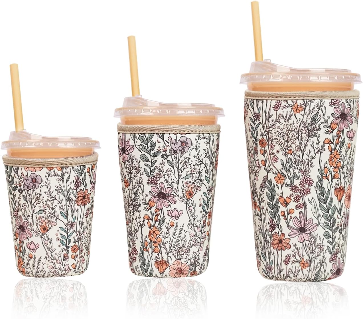 Reusable Insulated Neoprene Iced Coffee Cup Sleeve, Durable Drink Sleeve for Cold Beverages, Beverage Holder for Iced Coffee, Floral Checkers