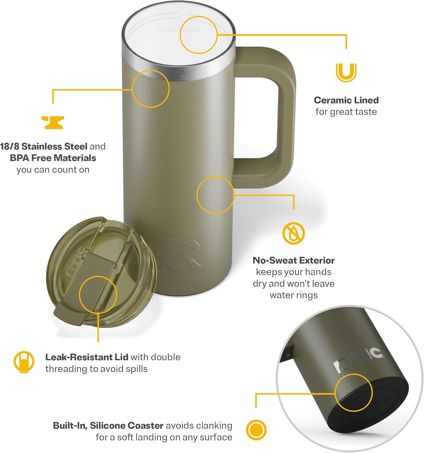 RTIC 20oz Road Trip Travel Mug with Lid and Handle, Ceramic Lined, Insulated, Stainless Steel, Metal, Double Wall Vacuum-Insulation, Portable Coffee, Tea Cup for Hot and Cold Drink, Black