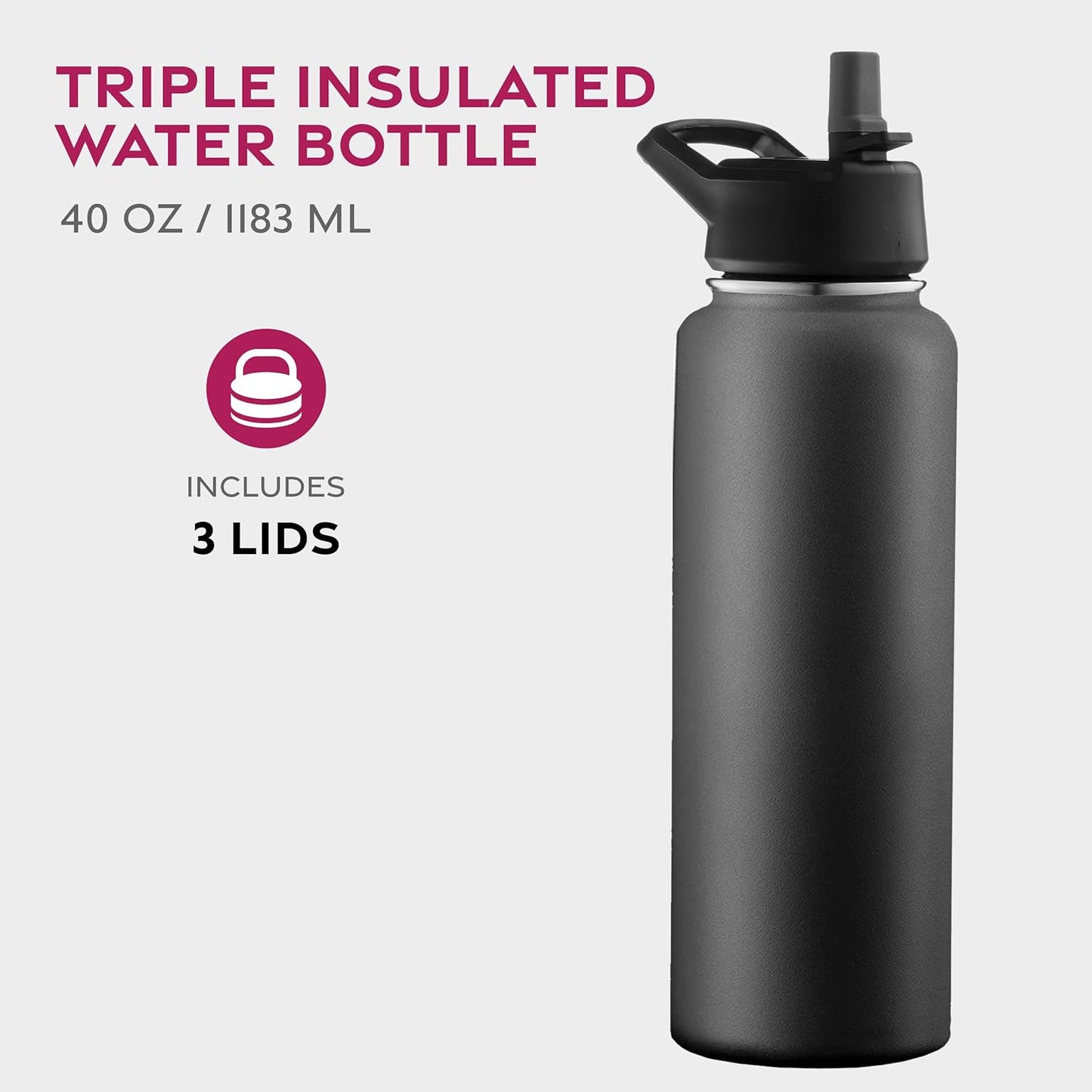 FineDine Water Bottle - Stainless Steel Insulated Water Bottle with Straw Lid, Flip Lid & Wide-Mouth Cap - Keeps Hot and Cold - 25 Oz / 739ml - Dreamy Purple
