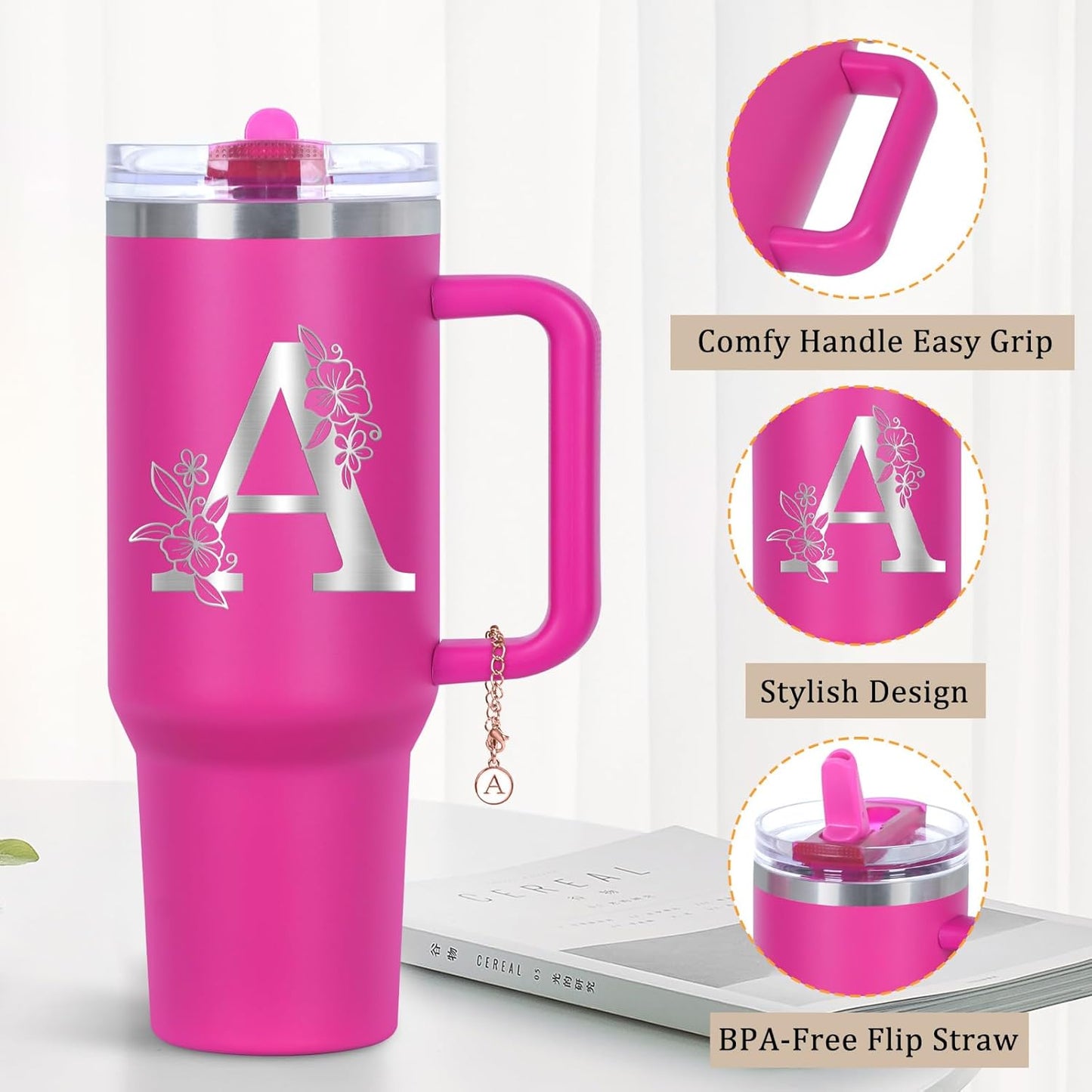 Personalized 40 oz Monogrammed Tumbler with Handle and Flip Straw Lid, 100% Leak Proof stainless steel Insulated Tumbler, Customized Initial Funny Gifts for Women Mom Sisters Coworker, A