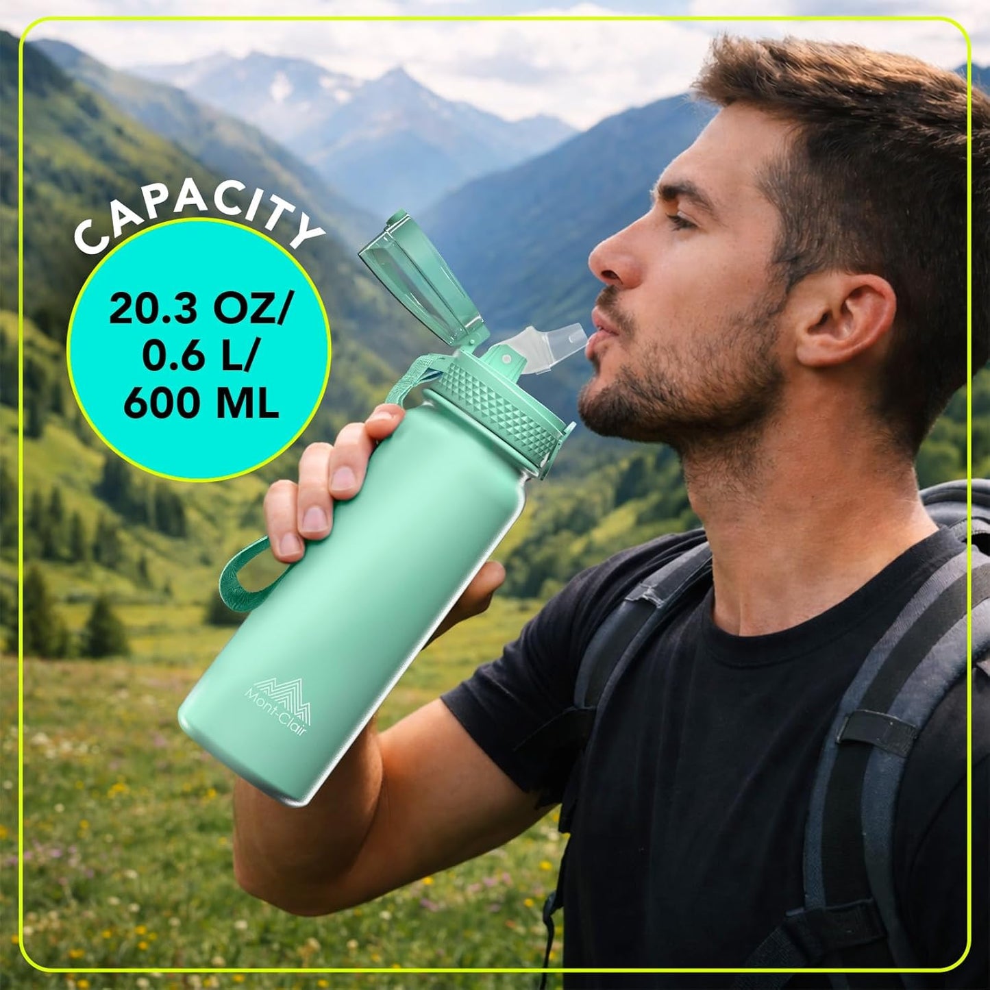 Mont-Clair Sport Water Bottle - 20oz Insulated Water Bottle with Straw - Patented Lid, BPA FREE, For Sports, Gym, Cycling, Bike - Quick Hydration - Black