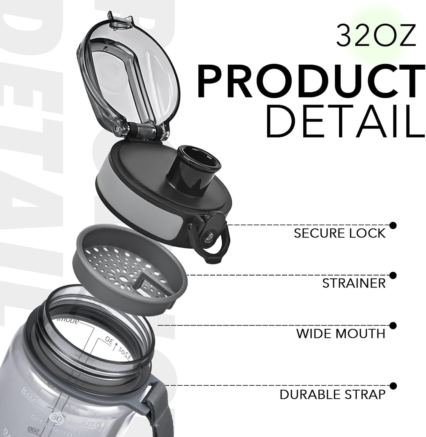 32oz Water Bottle with Time Marker, Motivational Drinking Bottle with Strap, BPA-Free Leak-Proof, Encouraging Water Bottle Time to Drink Water for Gym School Office Travel