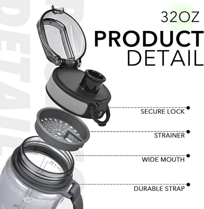 32oz Water Bottle with Time Marker, Motivational Drinking Bottle with Strap, BPA-Free Leak-Proof, Encouraging Water Bottle Time to Drink Water for Gym School Office Travel