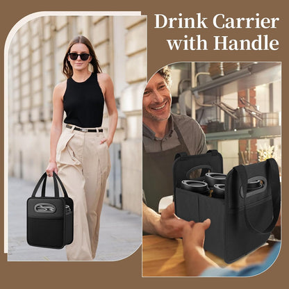 Foyego 4 Cup Drink Carrier with Handle, Reusable Insulated Drink Caddy Drink Holder for Car, Folding Portable Coffee Cup Holder Bag for Travel and Delivery