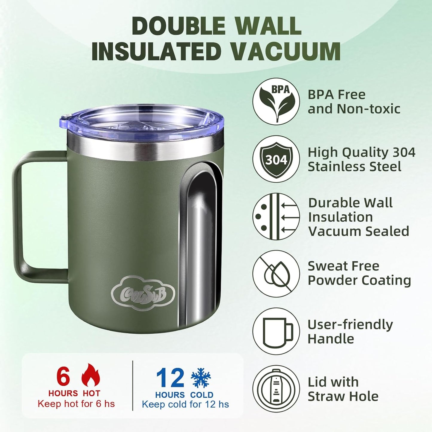 12oz Insulated Coffee Mug with Handle, Stainless Steel Wide Mouth Travel Tumblers with Lid, Double Wall Vacuum Coffee Cup for Camping, Office, Army Green 4 Pack