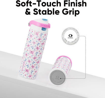 ENCOOL Leakproof Insulated Water Bottle with Straw Dual-Sip Water Bottle Bag-Safe Design for Work, Commute & Gym – Keeps Drinks Cold All Day, 24 oz, Lemonade Pink - Colors B