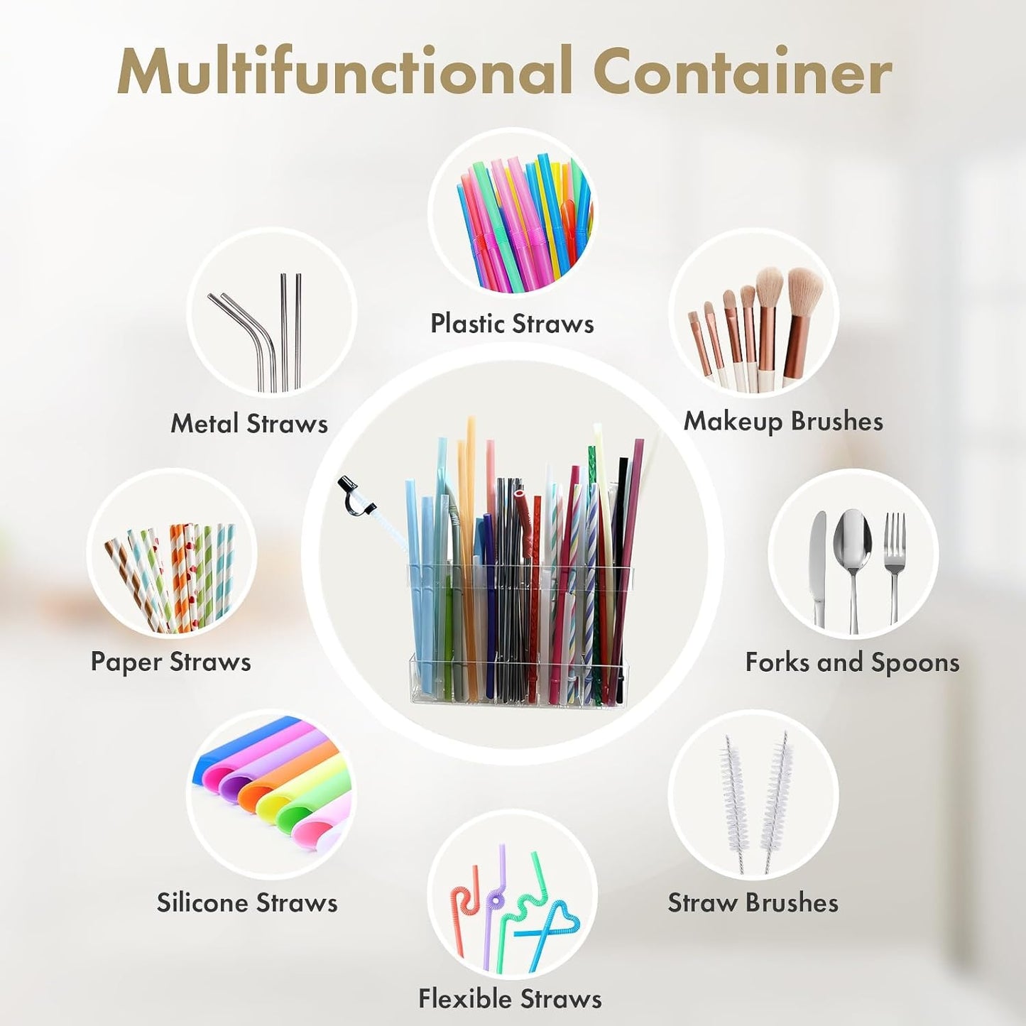 Acrylic Straw Holder for Cabinet Door - Child-Safe Organizer & Dispenser with Smooth Rounded Edges for Kitchen Accessories Storage, Adhesive Circles Included (Clear Transparent)
