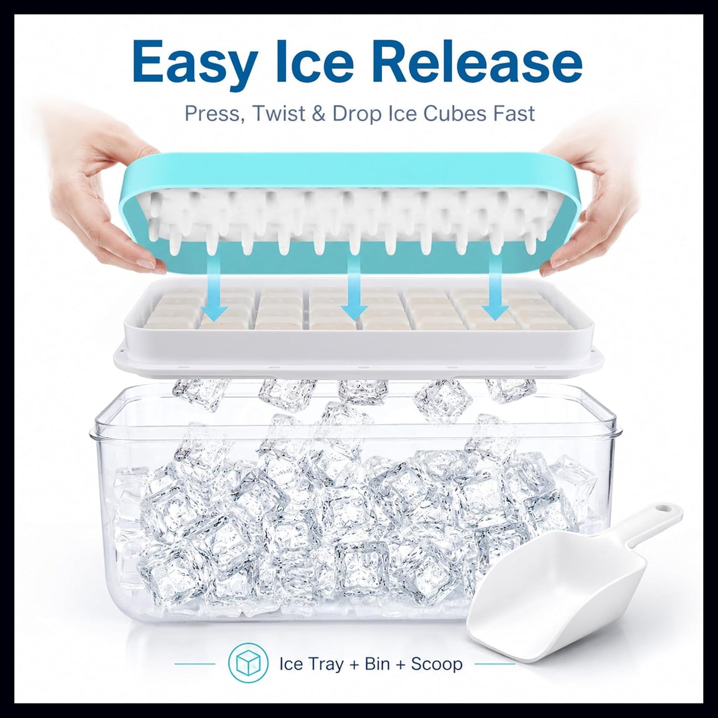 Ice Trays for Freezer with Lid & Bin, Ice Cube Tray Making 64 pcs Ice Cubes, Easy Press to Release Ice, Ice Tray with Storage Bin Chilling Cocktail Whiskey Coffee 2 Trays 1 Ice Bucket & Scoop (Black)
