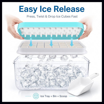 Ice Trays for Freezer with Lid & Bin, Ice Cube Tray Making 64 pcs Ice Cubes, Easy Press to Release Ice, Ice Tray with Storage Bin Chilling Cocktail Whiskey Coffee 2 Trays 1 Ice Bucket & Scoop (Black)