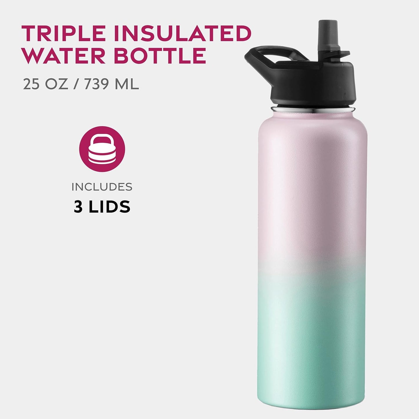 FineDine Water Bottle - Stainless Steel Insulated Water Bottle with Straw Lid, Flip Lid & Wide-Mouth Cap - Keeps Hot and Cold - 25 Oz / 739ml - Dreamy Purple