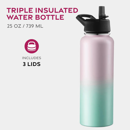 FineDine Water Bottle - Stainless Steel Insulated Water Bottle with Straw Lid, Flip Lid & Wide-Mouth Cap - Keeps Hot and Cold - 25 Oz / 739ml - Dreamy Purple