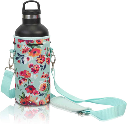 Made Easy Kit Neoprene Water Bottle Carrier Holder with Adjustable Shoulder Strap for Insulating & Carrying Water Container Canteen Flask Available in 5 Sizes (Black, M (16oz-22oz))