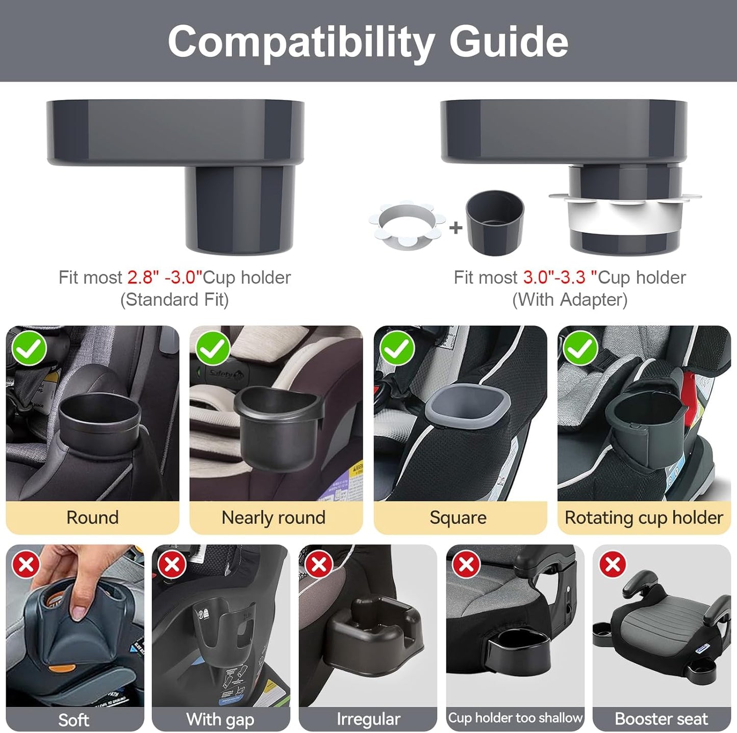 Car Seat Snack Tray for Toddlers - 3 Inch Cup Holder Fits Most Sippy Cups & Straw Bottles with Dip Well, Mess-Free Square Kids Travel Tray Road Trip Essentials, Black