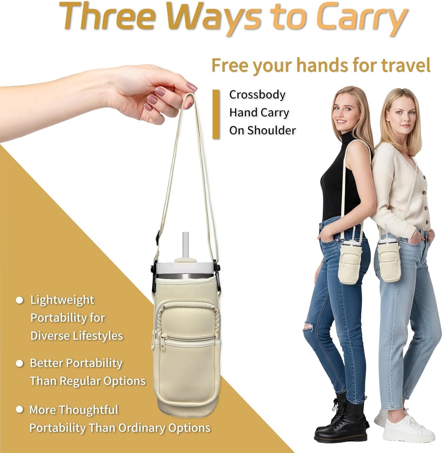 Water Bottle Holder with Strap, Insulated Crossbody Sling Bag, Carrier with Phone Pocket for Walking Hiking Camping Fishing