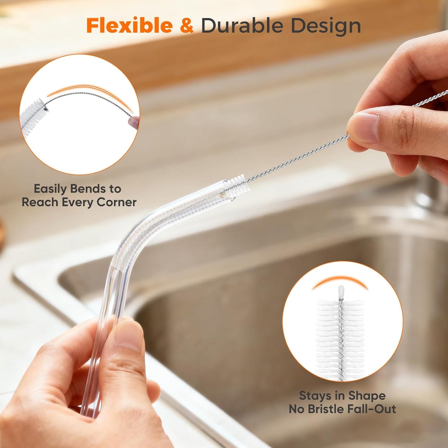 10-Packs Premium Straw Cleaner Brush in Mixed Sizes, 8IN Long Reusable Stainless Steel Cleaning Brushes Set with Soft Sturdy Nylon Bristles for Metal Straws, Sippy Cups, Tumblers & Bottles