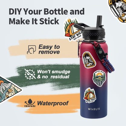 WixByti 40 oz Insulated Water Bottle with Straw (Cold for 36 Hrs), Stainless Steel Triple Wall Vacuum Sports Water Jug, Leakproof Hydro Cup Flask with Paracord Handle & Straw Spout Lids & DIY Stickers