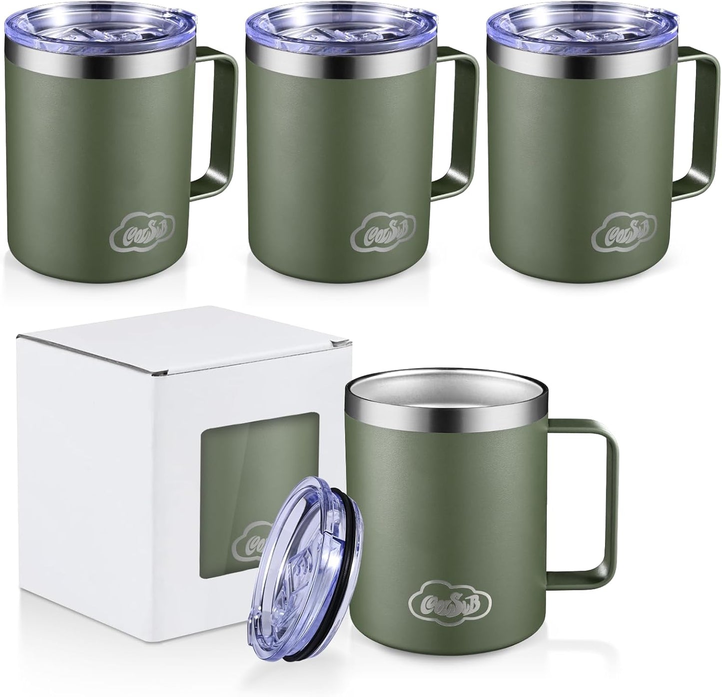 12oz Insulated Coffee Mug with Handle, Stainless Steel Wide Mouth Travel Tumblers with Lid, Double Wall Vacuum Coffee Cup for Camping, Office, Army Green 4 Pack