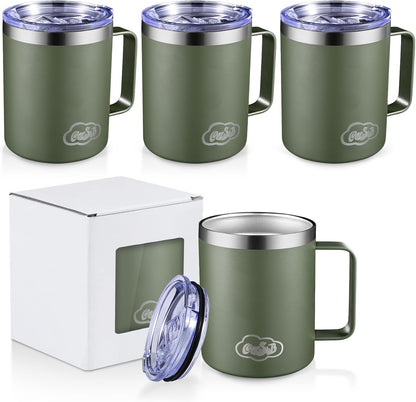 12oz Insulated Coffee Mug with Handle, Stainless Steel Wide Mouth Travel Tumblers with Lid, Double Wall Vacuum Coffee Cup for Camping, Office, Army Green 4 Pack