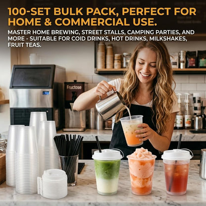 100 Sets Bulk Frosted Disposable Hard Plastic Cups With Straws Lids,90mm Disposable Bubble Boba Milk Tea ToGo Cups Cold Hot Plastic coffee Boba Tea Business TakeAway Supplies (16, ounces)