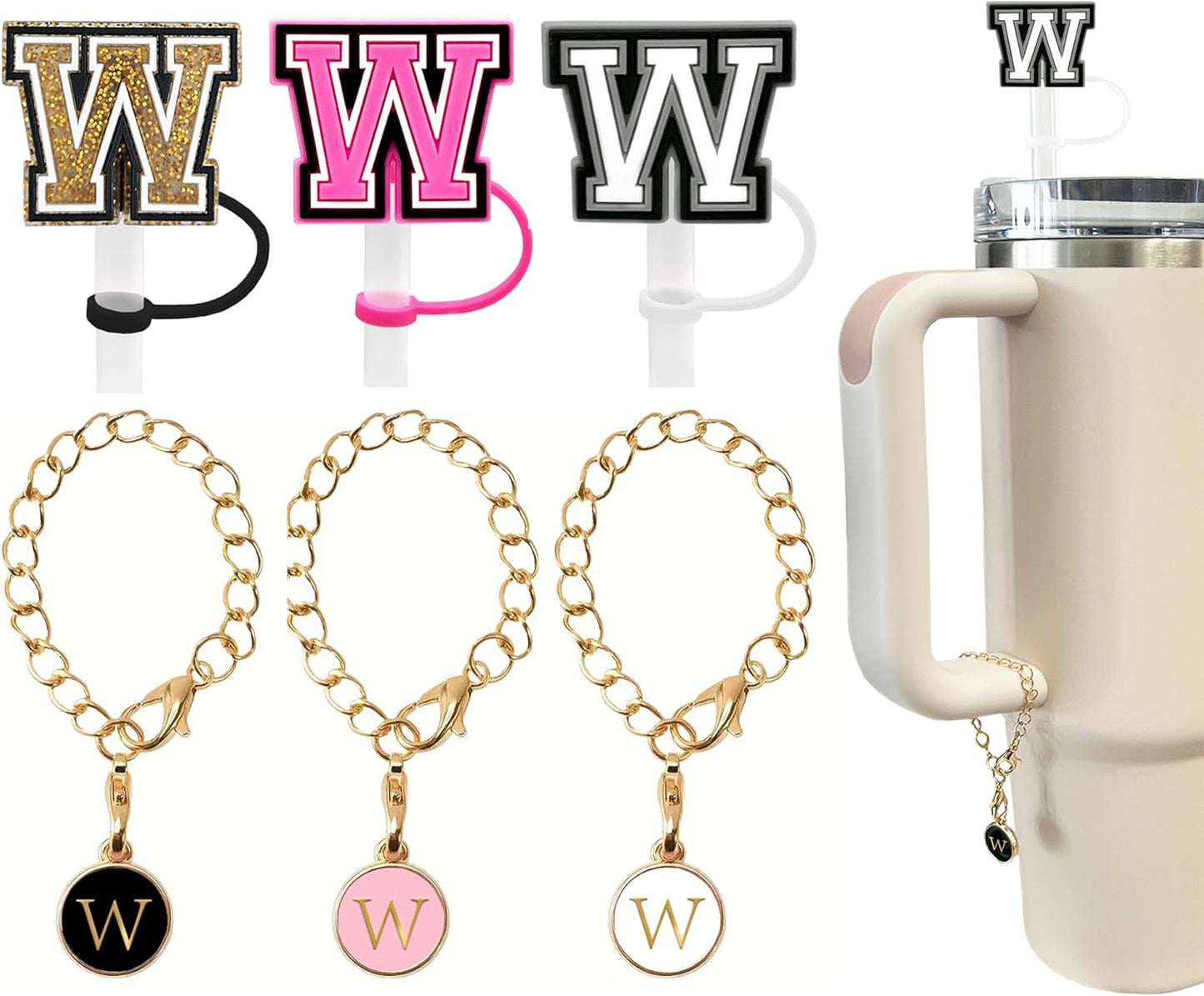 （3 +3) 3PCS Nuozme Straw Cover 10mm For Stanley Tumbler Cup Reusable Straw Cap Topper with 3 Initial Letter Charms Accessories Name ID Personalized Handle Charm For Stanley 30&40 Oz Cup Tumbler - Colors B