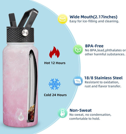 BJPKPK Insulated Water Bottles with Straw Lid, 40oz Stainless Steel Water Bottles with 3 Lids, BPA Free Leakproof Thermo, Tumblers, Cups for Sports, Gym- Midnight - Colors B