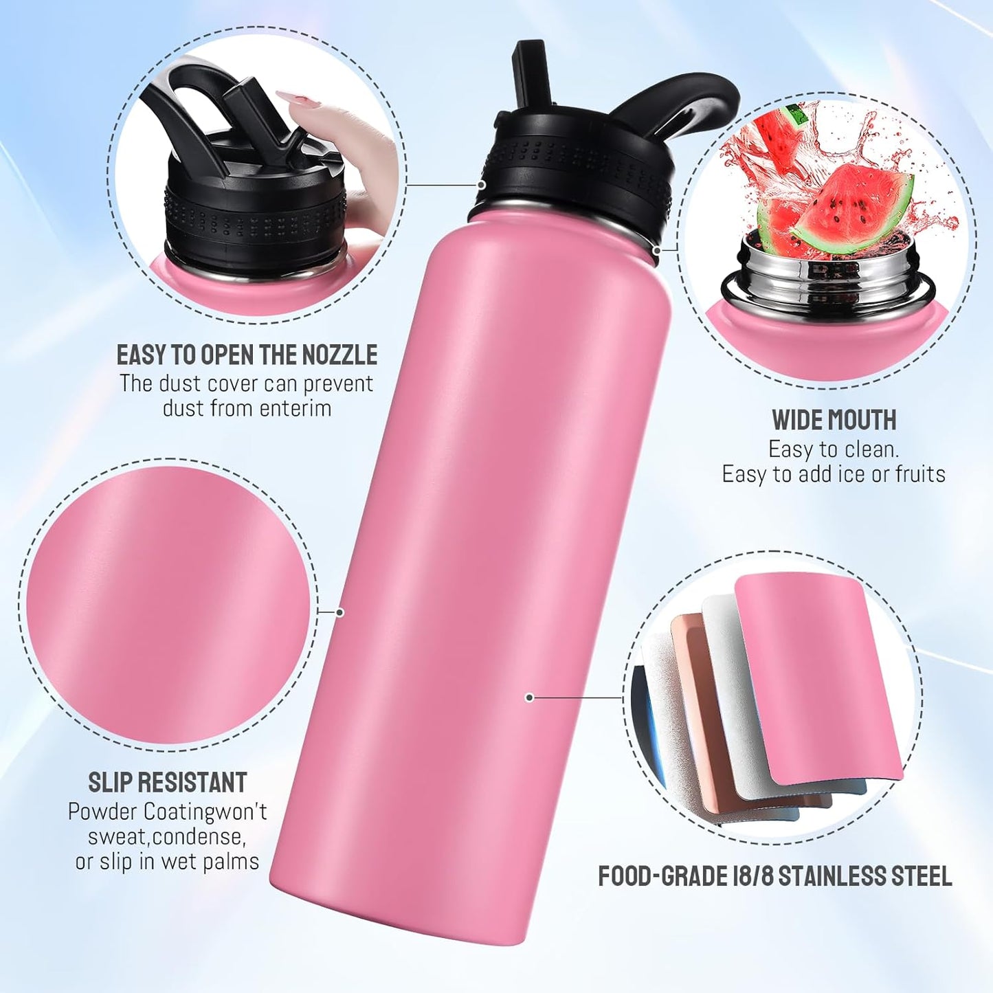 Insulated Water Bottles with Straw 40 oz Leak Proof, Vacuum Insulated Stainless Steel Sport Tumbler with 3 Lids Straw, Spout and Handle Lid for Sports, Gym or Office,Hot Pink