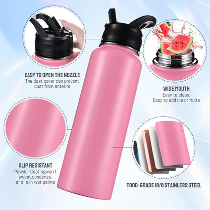 Insulated Water Bottles with Straw 40 oz Leak Proof, Vacuum Insulated Stainless Steel Sport Tumbler with 3 Lids Straw, Spout and Handle Lid for Sports, Gym or Office,Hot Pink