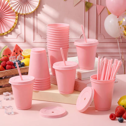 Sieral 30 Pack Cups with Lids and Straws Kids Tumbler with Straw Reusable Water Bottle Iced Coffee Travel Mug Adults Plastic Cups for Parties 16 oz (Candy Colors)