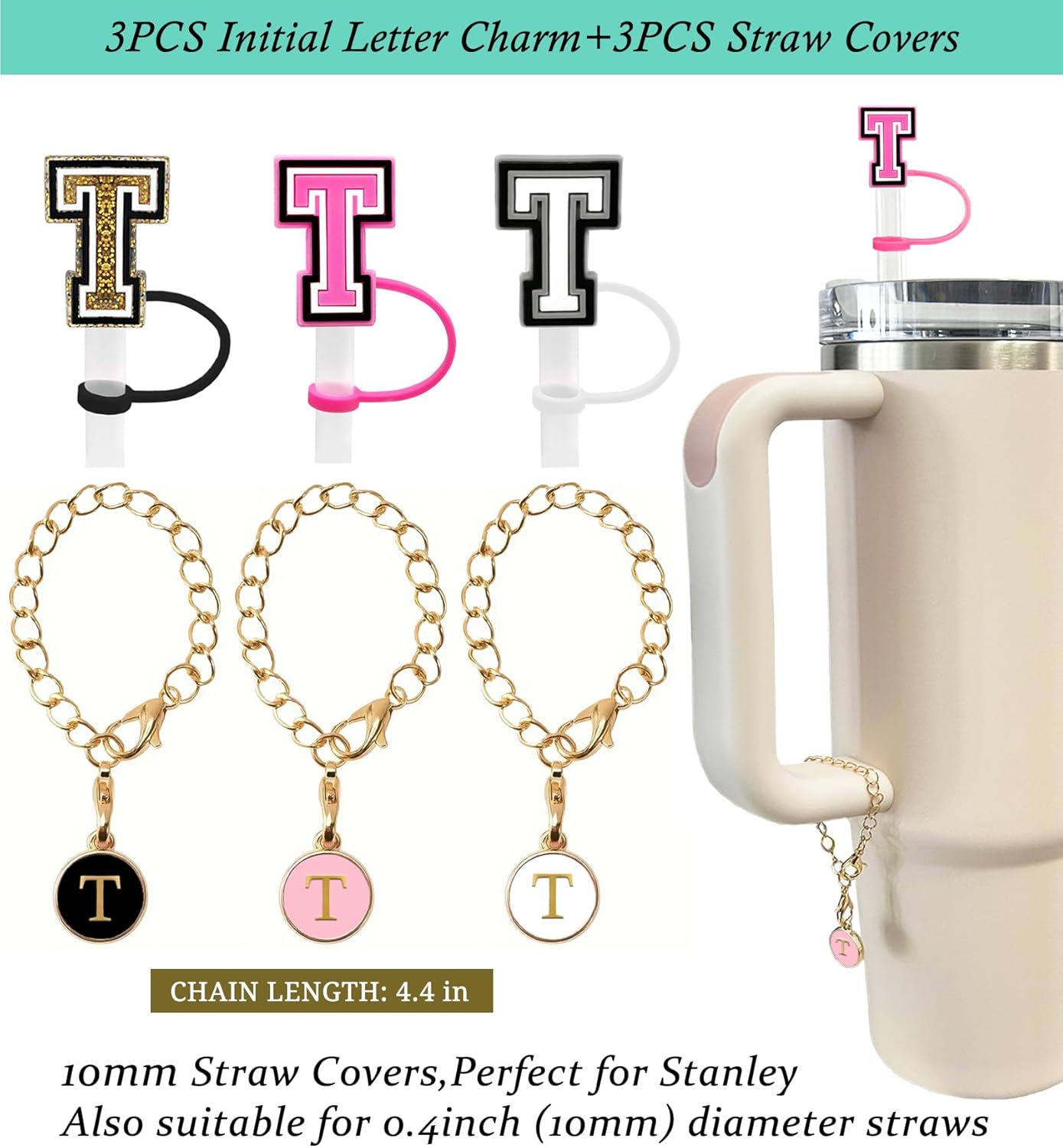（3 +3) 3PCS Nuozme Straw Cover 10mm For Stanley Tumbler Cup Reusable Straw Cap Topper with 3 Initial Letter Charms Accessories Name ID Personalized Handle Charm For Stanley 30&40 Oz Cup Tumbler - Colors A