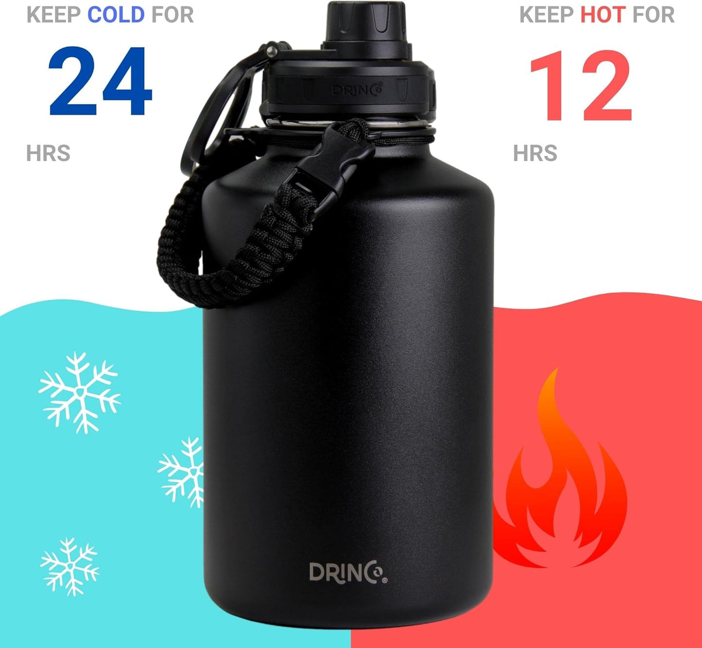 Drinco Stainless Steel Water Bottle Spout Lid Vacuum Insulated Double Wall Water Bottle Wide Mouth (40oz 32oz 22oz 18oz 14oz) Leak Proof Keep Cold Sport Camping Hiking (22 oz, 22oz Black)