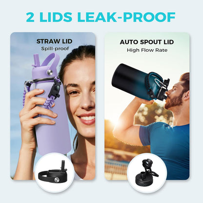 32/40/64OZ Insulated Water Bottle - Keep Cold 48H Hot 24H, Combo Straw/Spout Lids, Paracord Handle for Gym/Hiking, Carrier Bag +Strap, Cup Mat, BPA-Free Stainless Steel Flask Jug