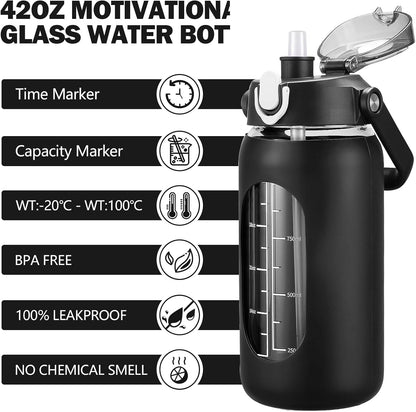 64oz Glass Water Bottles with Straw, Half Gallon Motivational Glass Bottle with Silicone Sleeve and Time Marker, 2L Leakproof Large Glass Water Jug for Gym Home Office,olive