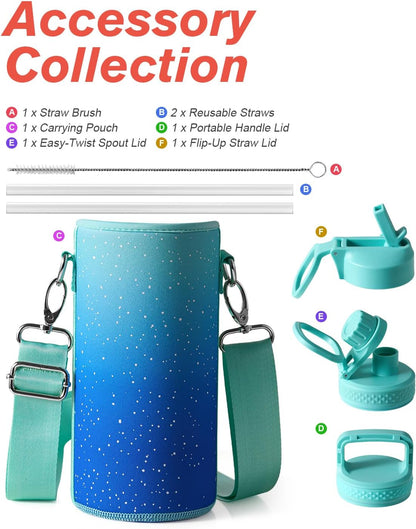 Half Gallon Water Bottle Insulated with Straw & 3 Lids, Coolflask 64 oz Water Jug Large Metal Stainless Steel Wide Mouth for Sports, Gym or Office, Non-BPA Keep Cold 48H Hot 24H, Samurai Cyan