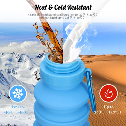 Nefeeko Collapsible Water Bottle, Reuseable BPA Free Silicone Foldable Water Bottles for Travel Gym Camping Hiking, Portable Leak Proof Sports Water Bottle with Carabiner