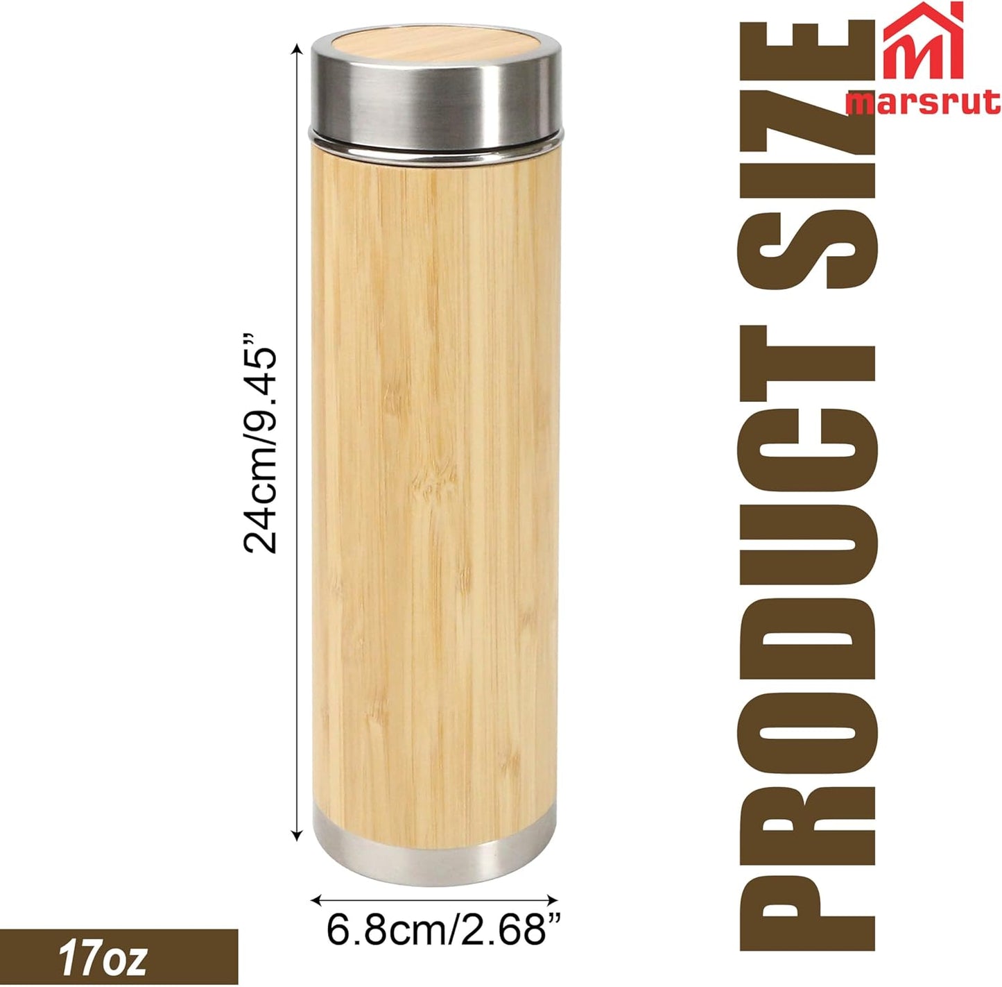 Bamboo Tea Infuser, Insulated Water Bottle, 17oz Reusable Travel Mug, Leak Proof Tumbler, Double-walled Stainless Steel Cup with Lid Keeps Hot & Cold Drinks Beverages, for Loose Tea, Coffee, Gift Set