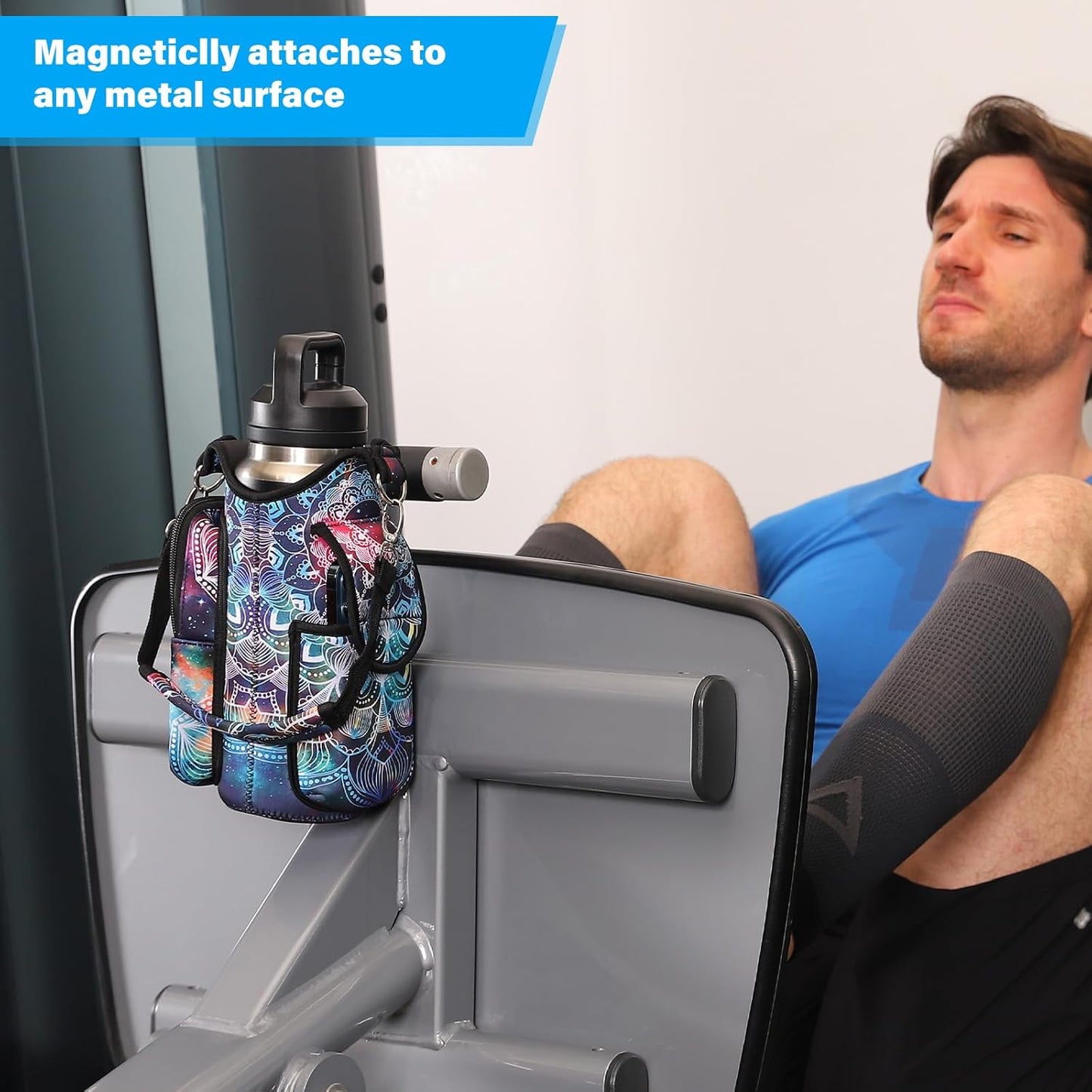 icolor Magnetic Gym Bag Water Bottle Carrier Holder with Phone Pockets & Shoulder Strap,Gym Magnetic Bag 5 Built-in Magnets Gym Accessories Organizer Sling Bottle Bag Pouch Sleeve