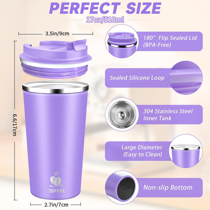 Insulated Travel Coffee Mug Reusable Coffee Tumbler Cup with Flip Lid Leak Proof Spill Proof for Office School Party Camping Hot and Cold Drink,Stainless Steel 17oz (Black)
