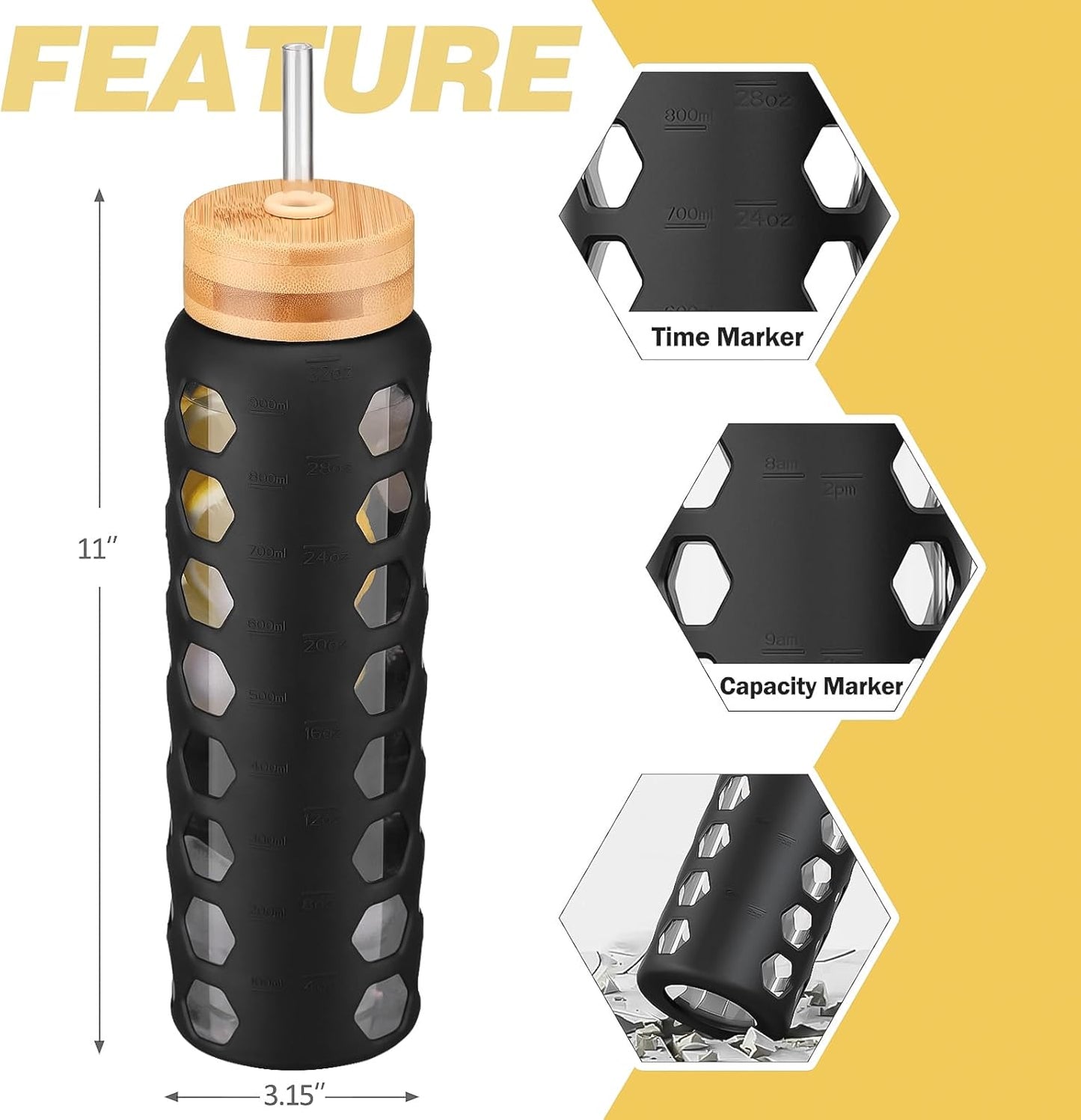 MUKOKO Glass Water Bottles, 32oz Glass Tumbler with Straw, Drinking Bottles with 2 Lids-Handle Spout Lid&Bamboo Straw Lid, Motivational Water Bottle with Time Marker and Silicone Sleeve, 1 Pack-Olive