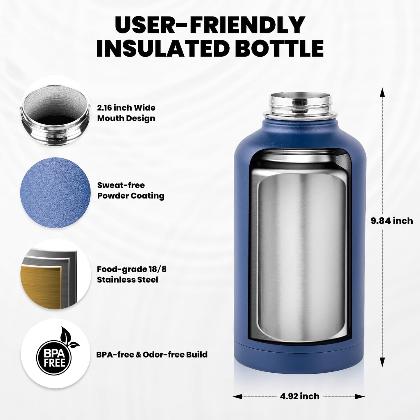 RAYMYLO One Gallon Water Bottle Insulated, Triple Walled Vacuum Stainless Steel (Cold for 48 Hrs), Leak Proof & Non-BPA, Large Water Flask Jug with Paracord Handle & Straw Spout Lids
