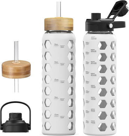 MUKOKO Glass Water Bottles, 32oz Glass Tumbler with Straw, Drinking Bottles with 2 Lids-Handle Spout Lid&Bamboo Straw Lid, Motivational Water Bottle with Time Marker and Silicone Sleeve, 1 Pack-Olive