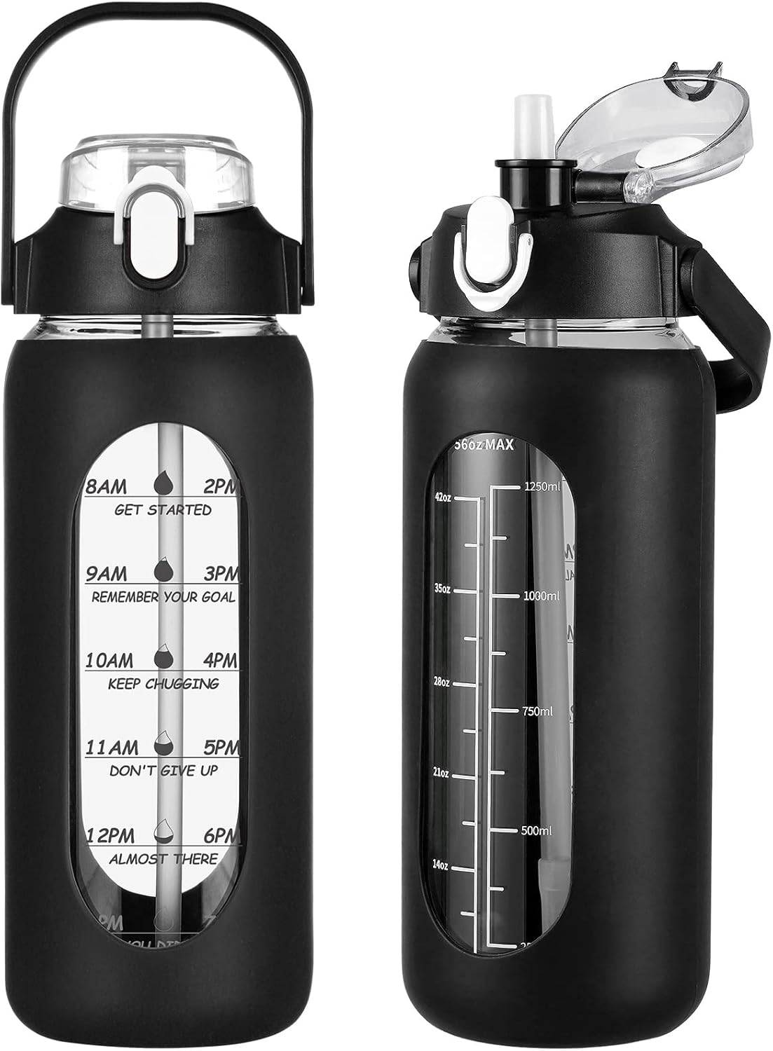 64oz Glass Water Bottles with Straw, Half Gallon Motivational Glass Bottle with Silicone Sleeve and Time Marker, 2L Leakproof Large Glass Water Jug for Gym Home Office,olive