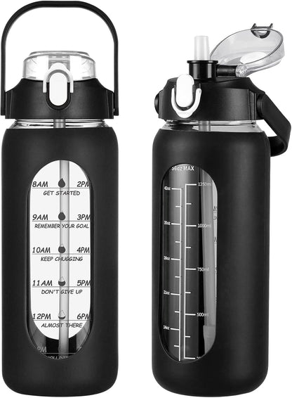 64oz Glass Water Bottles with Straw, Half Gallon Motivational Glass Bottle with Silicone Sleeve and Time Marker, 2L Leakproof Large Glass Water Jug for Gym Home Office,olive