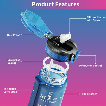 QLUR Water Bottle with Straw, 32oz Motivational Water Bottles with Time Marker to Drink, Tritan BPA Free, 1L Sports Water Bottle with Carry Strap LeakProof for Women Gym Fitness Outdoor (1 Pack)