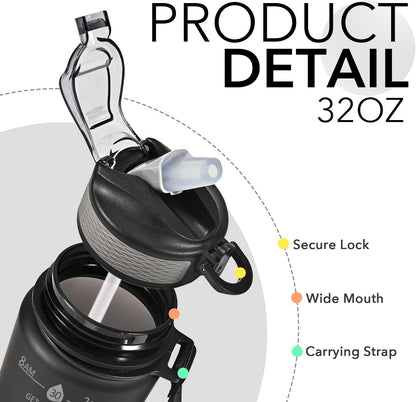 Hyeta 32oz Water Bottles with Straw - Stay Motivated and Hydrated with Convenient Times to Drink Markings, Durable, Leak-proof