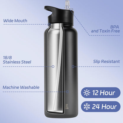 HASLE OUTFITTERS 32 oz Insulated Water Bottle Stainless Steel Double Walled Vacuum Sports Water Bottle with 2 Lids (Straw and Spout Lid) for Gym Camping Hiking(Black,1)
