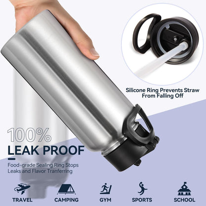 Neihepal 32 oz Insulated Water Bottle with 2 Lids (Straw & Spout Lid), 18/8 Stainless Steel Double Wall Water Bottles for Gym, Travel, Camping, Sports (Silver,1 Pack)