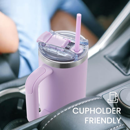 40 oz Tumbler with Handle and Straw Lid,Insulated Reusable Stainless Steel Water Bottle Travel Mug，Cupholder Friendly Double Wall Vacuum Sealed Cup (Black)